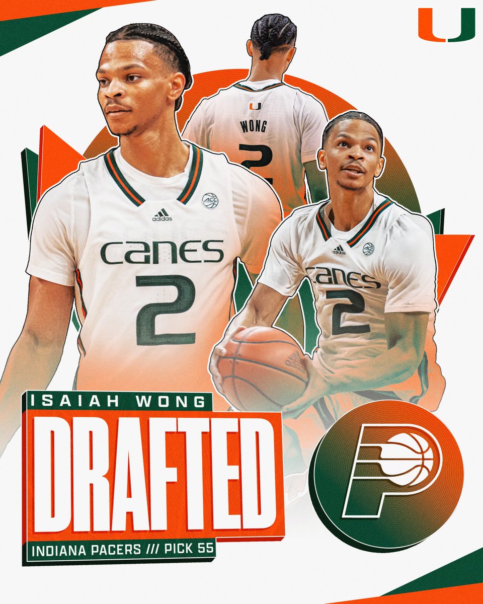 CanesHoops's tweet photo. DRAFTED. ✔️

Isaiah ➡️ Indiana

Congrats to Isaiah Wong, the 55th pick in the NBA Draft!

@zaywong21 x @Pacers 
#GoCanes 🙌 https://t.co/FVwLE1q7z4