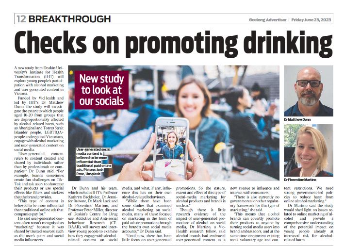 Florentine Martino (@fp_martino) on Twitter photo 👇Great article in the Geelong Advertiser today profiling our <a href="/VicHealth/">VicHealth</a> funded study on young people, from groups that are disproportionately affected by alcohol-related harm, engage with alcohol marketing and user-generated content on social media <a href="/IHT_Deakin/">Institute for Health Transformation</a> <a href="/GLOBE_Deakin/">Global Centre for Preventive Health and Nutrition</a> 👇Great article in the Geelong Advertiser today profiling our <a href="/VicHealth/">VicHealth</a> funded study on young people, from groups that are disproportionately affected by alcohol-related harm, engage with alcohol marketing and user-generated content on social media <a href="/IHT_Deakin/">Institute for Health Transformation</a> <a href="/GLOBE_Deakin/">Global Centre for Preventive Health and Nutrition</a>