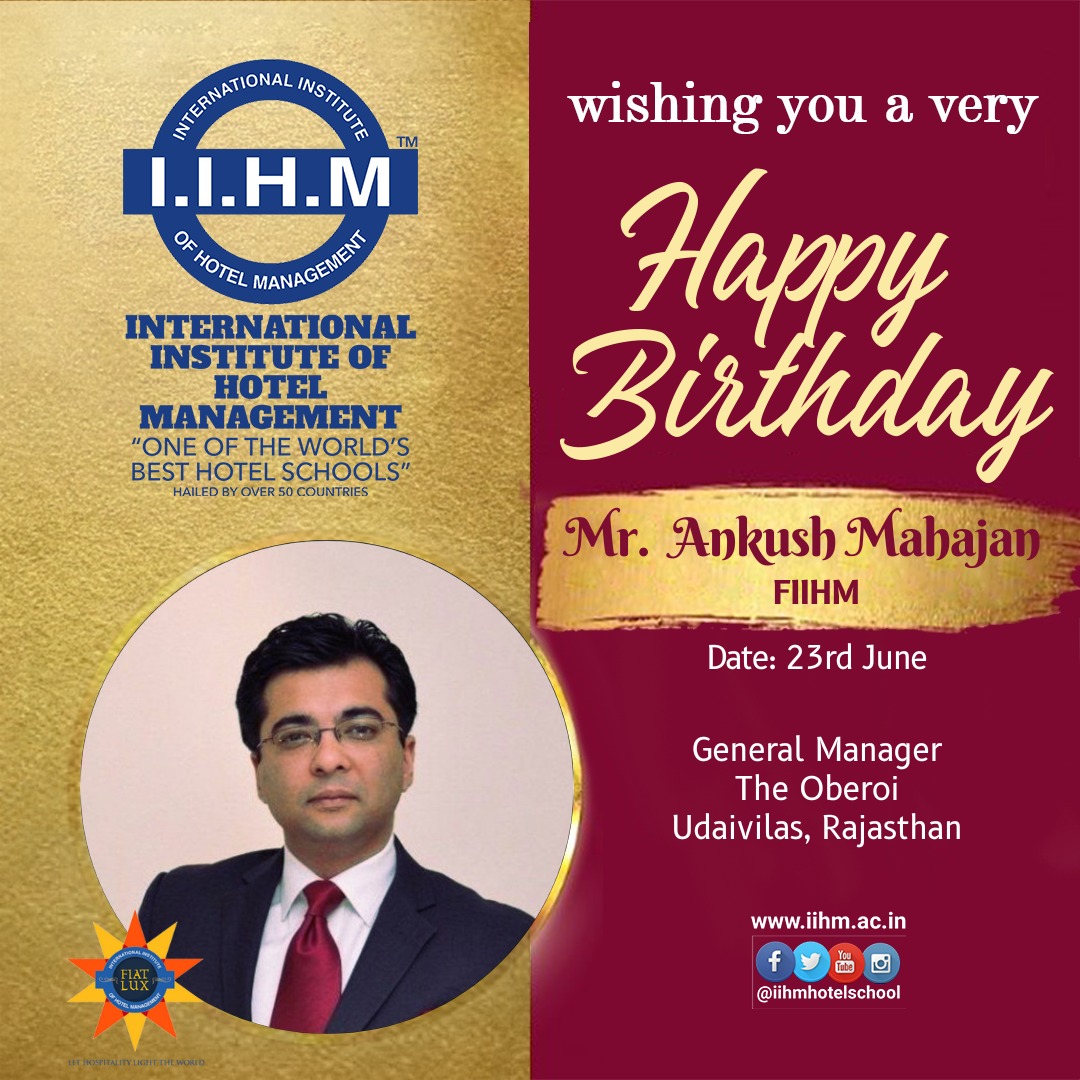 IIHM family wishes Mr. Ankush Mahajan, General Manager at @TheUdaivilas a birthday filled with success and happiness. We hope you keep inspiring people and have a positive influence on both your personal and professional life.

#FIIHM #HappyBirthday #iihmhotelschools