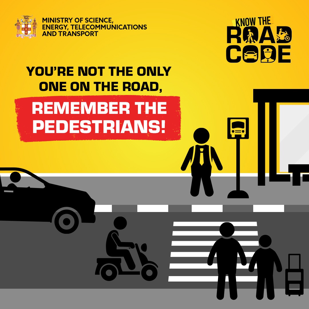 When driving, look out for your fellow pedestrians. Always yield and give them the right of way. Let's play our part in keeping one another safe! 

#PedestrianSafety #LookOutForEachOther #StaySafeOnTheRoad #KnowTheRoadCodeJA #RoadSafetyJA