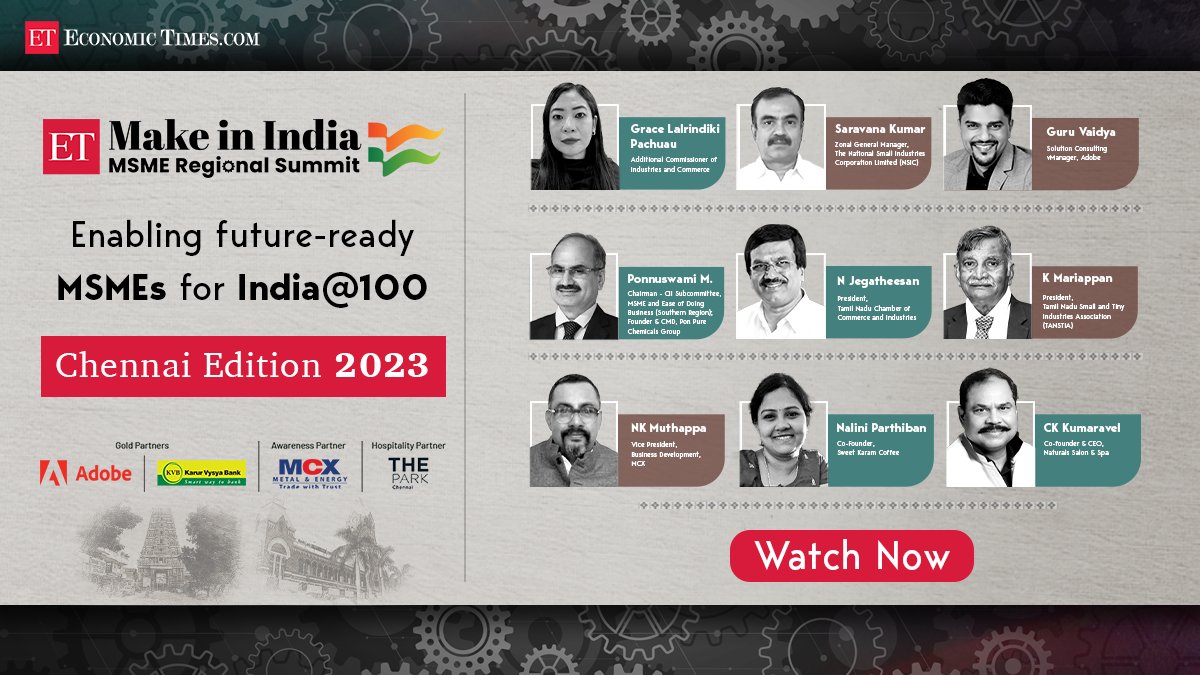 WATCH NOW: At the Chennai edition of ET #MakeInIndia #MSMERegionalSummit, key leaders of the Tamil Nadu MSME ecosystem discuss the roadmap to building globally competitive, future-ready MSMEs to power India@100.
bit.ly/3CMdW9L

<a href="/Adobe/">Adobe</a> <a href="/KarurVysyaBank_/">Karur Vysya Bank</a> <a href="/MCXIndialtd/">MCX</a>