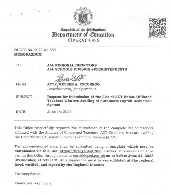 LOOK: DepEd released a memo on June 14 requiring offices to identify public school teachers who are members of the Alliance of Concerned Teachers and are part of DepEd's Automatic Payroll Deduction System  <a href="/PhilstarNews/">Philstar.com</a>