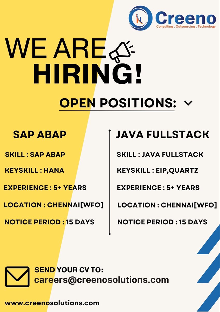 We are hiring SAP ABAP

and Fullstack Developers 

Location: Chennai 

Send your resume to:

careers@creenosolutions.com 

#JobAlert #jobopening 

#Jobsatcreeno