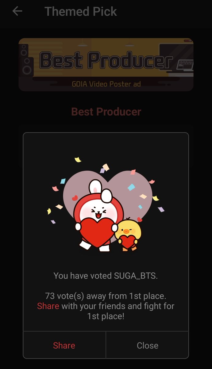 #CHOEAEDOL #ThemedPick

Best Producer
Ranking : 

 2 #SUGA_BTS 

More details on CHOEAEDOL App
myloveidol.com/themepick/141?…

JUST 73 VOTES TO 1ST PLACE ! OPEN CHOEAEDOL APP AND VOTE NOW FOR YOONGI !! 
Its very easy, ask in replies if u dont know how to vote !!