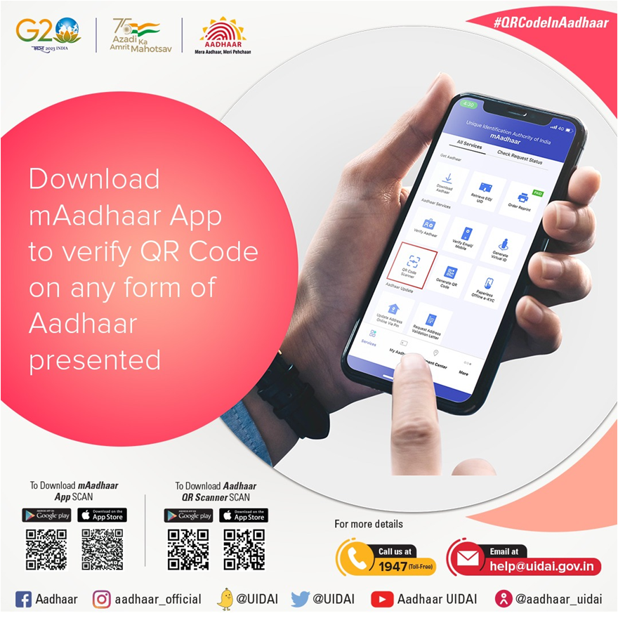 UIDAIRanchi's tweet photo. #VerifyAadhaarBeforeUse Download #mAadhaar App to verify QR Code available on any form of presented Aadhaar. Any Aadhaar can be verified using the QR code available on all forms of Aadhaar using #mAadhaarApp or Aadhaar QR code Scanner. https://t.co/dbxI3zGOT9