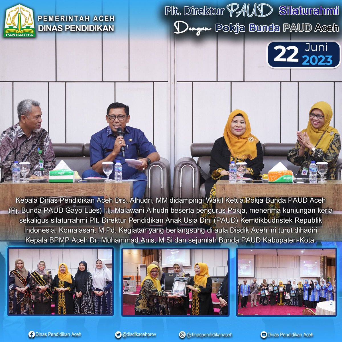 disdikacehprov's tweet image. Kadisdik Aceh  didampingi Wakil Ketua Pokja Bunda PAUD Aceh beserta pengurus menerima kunjugan kerja sekaligus silahturahmi Plt. Direktur PAUD Kemdikbudristek Republik Indonesia turut dihadiri Kepala BPMP Aceh.

#pemerintahaceh 
#paud 
#pokjabundapaudaceh 
#disdikaceh