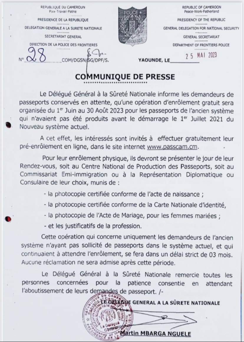 TheCameroonianZ's tweet photo. Opération d'enrôlement gratuit pour les anciens demandeurs de passport #Cameroon. 

*Du 1er juin au 30 août 2023 https://t.co/KrZACLH8vb