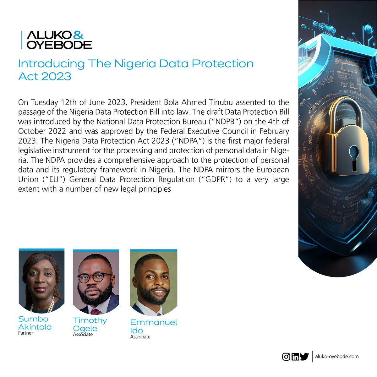 Aluko_Oyebode's tweet photo. Introducing the Nigeria Data Protection Act 2023
On Tuesday 12th Of June 2023, President Bola Ahmed Tinubu assented to the passage of the Nigeria Data Protection Bill into law.
🔗 https://t.co/64YgqbPvwE
#AlukoandOyebode #DataProtectionAct #NigeriaDataProtection #NDPB https://t.co/jwQqCPJEOf