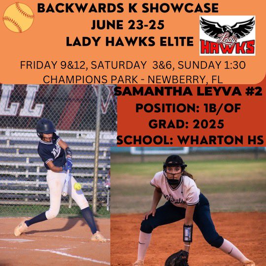 Schedule for this weekend at #backwardskshowcase Super excited for the opportunity to play and expose my ability on the field both defensively and offensively. My team will be playing on field 11🥎! @BackwardsKJax #fastpitchsoftball #softball #softballshowcase #softballathlete