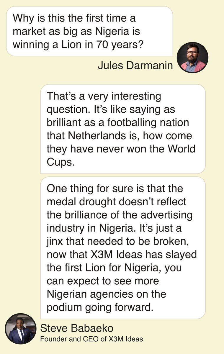 YinkaWrites's tweet photo. Semafor was in Cannes for the advertising festival and witnessed Nigeria's first Lion win! (It only took 70 years)...
We text X3M's @Steve_eko about his win and he made a great Netherlands at the World Cup analogy...
#OneGoodText https://t.co/PCWUrjuhEC
