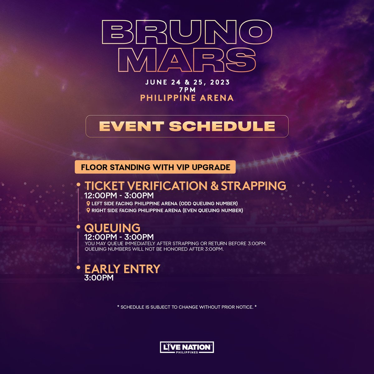 livenationph's tweet photo. It's almost showtime, Hooligans! Check out the event schedule, queuing system and entry guide for Bruno Mars' show happening on June 24 & 25 at the Philippine Arena.   

You may download your queuing number here:  

June 24: https://t.co/DYB7tFEuEL June 25: https://t.co/WbzSyi2VH6 

#BrunoMarsInPH