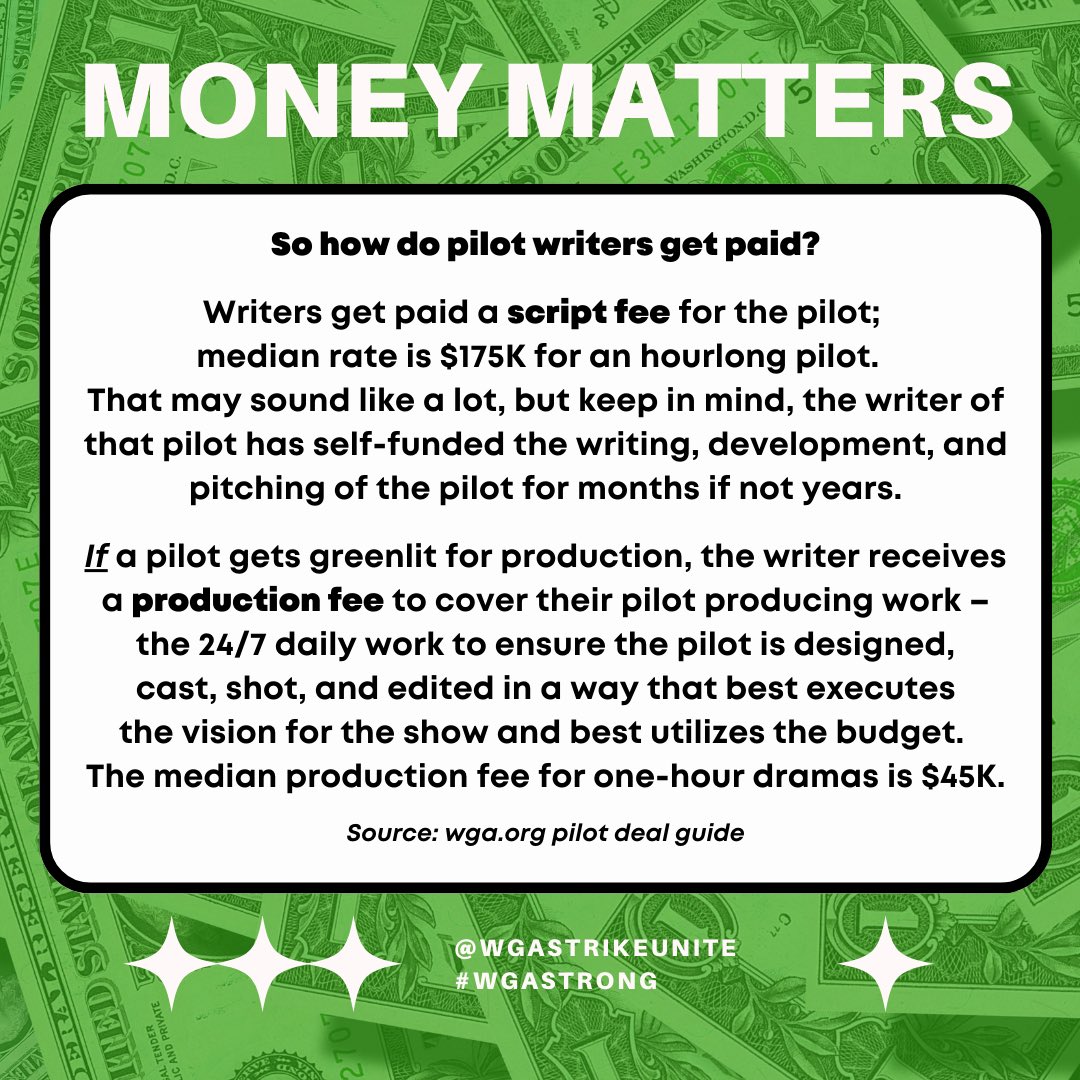 wgastrikeunite's tweet photo. Creator Case Study: Did you know that co-creators of @showtime’s hit series @yellowjackets were paid a production fee that split between them amounted to less than minimum wage over 8 months of work on their pilot after it was greenlit? Stings 🐝. #WGAStrike #Yellowjackets (1/3) https://t.co/wnH4S5nCJX
