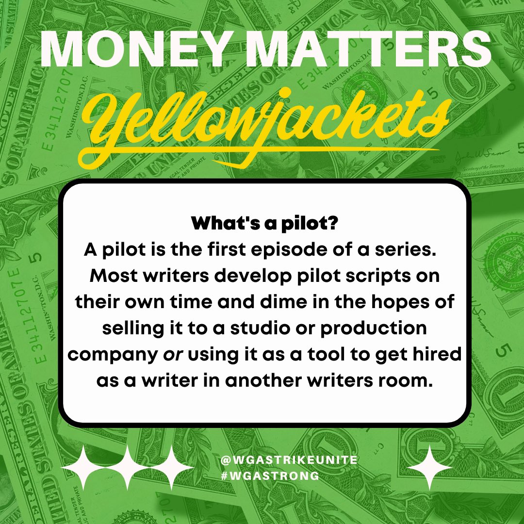 wgastrikeunite's tweet photo. Creator Case Study: Did you know that co-creators of @showtime’s hit series @yellowjackets were paid a production fee that split between them amounted to less than minimum wage over 8 months of work on their pilot after it was greenlit? Stings 🐝. #WGAStrike #Yellowjackets (1/3) https://t.co/wnH4S5nCJX