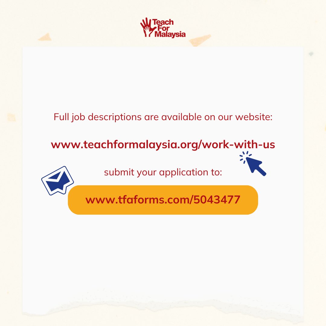 We're hiring! Be a part of our mission to bridge the gap of education inequity in Malaysia. 

Find the full job descriptions of available positions on our website (teachformalaysia.org/work-with-us/) and apply at: tfaforms.com/5043477.

#TeachForMalaysia #ForTheKids #career #hiring