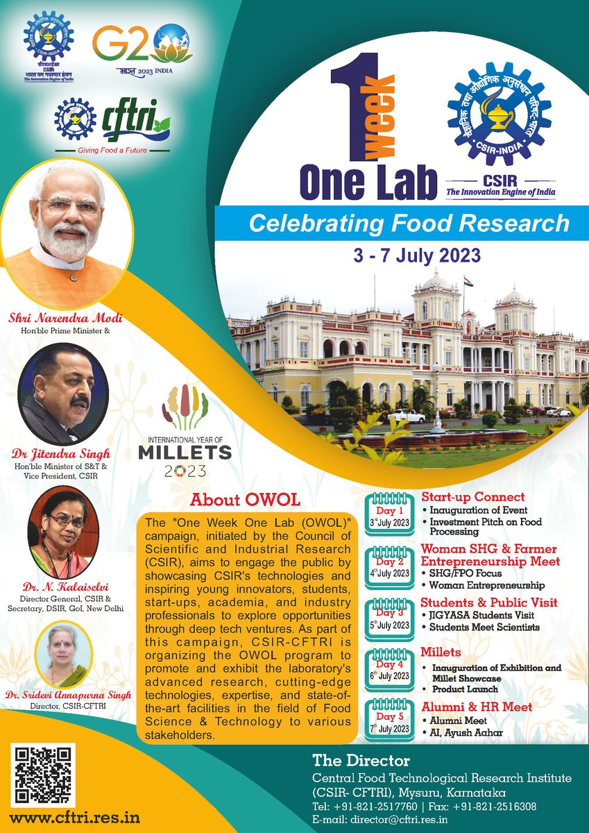 csircftri's tweet photo. Flyer of One Week One Lab (OWOL) program of @csircftri - Celebrating Food Research, scheduled to be held during 3rd to 7th July 2023. @DrJitendraSingh @CSIR_IND @DrNKalaiselvi #CSIR_OneWeekOneLab #OneWeekOneLab #OWOL #celebratingfoodresearch https://t.co/ZT3nqRyOfi
