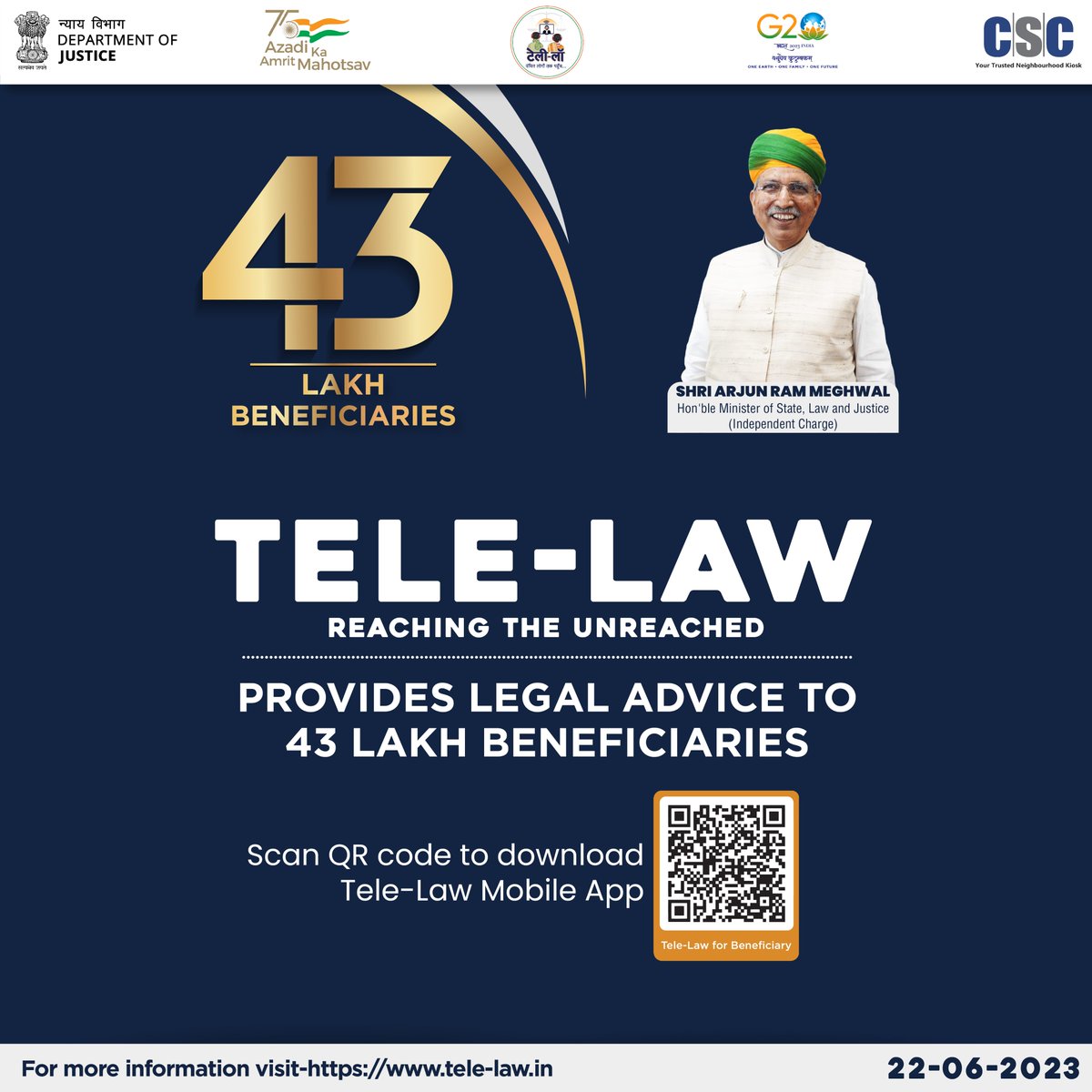 43 Lakh beneficiaries across the country have been empowered with pre-litigation advice provided by #TeleLaw.

A warm congratulations to all...

#AccesstoJustice #ReachingtheUnreached #Doj #DigitalIndia #CSC #JusticeForAll #DepartmentOfJustice @MLJ_GoI @arjunrammeghwal