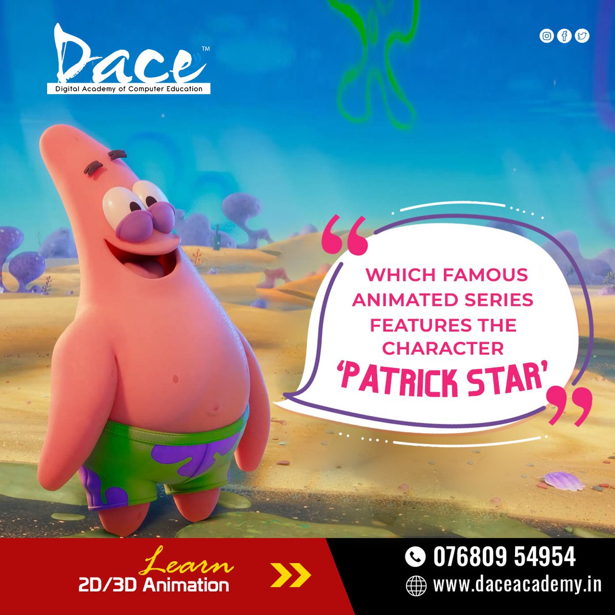 Dace_Academy's tweet photo. Which famous animated series features the character 'Patrick Star ' ?

Add Your Comments in the comment section

Dace Academy provides professionally designed courses in Animation, VFX, etc. Join us!

#DaceAcademy #AnimationVFXPrime #VFX #Animation #VisualEffects #CareerCourses https://t.co/B1hNR6pBH5