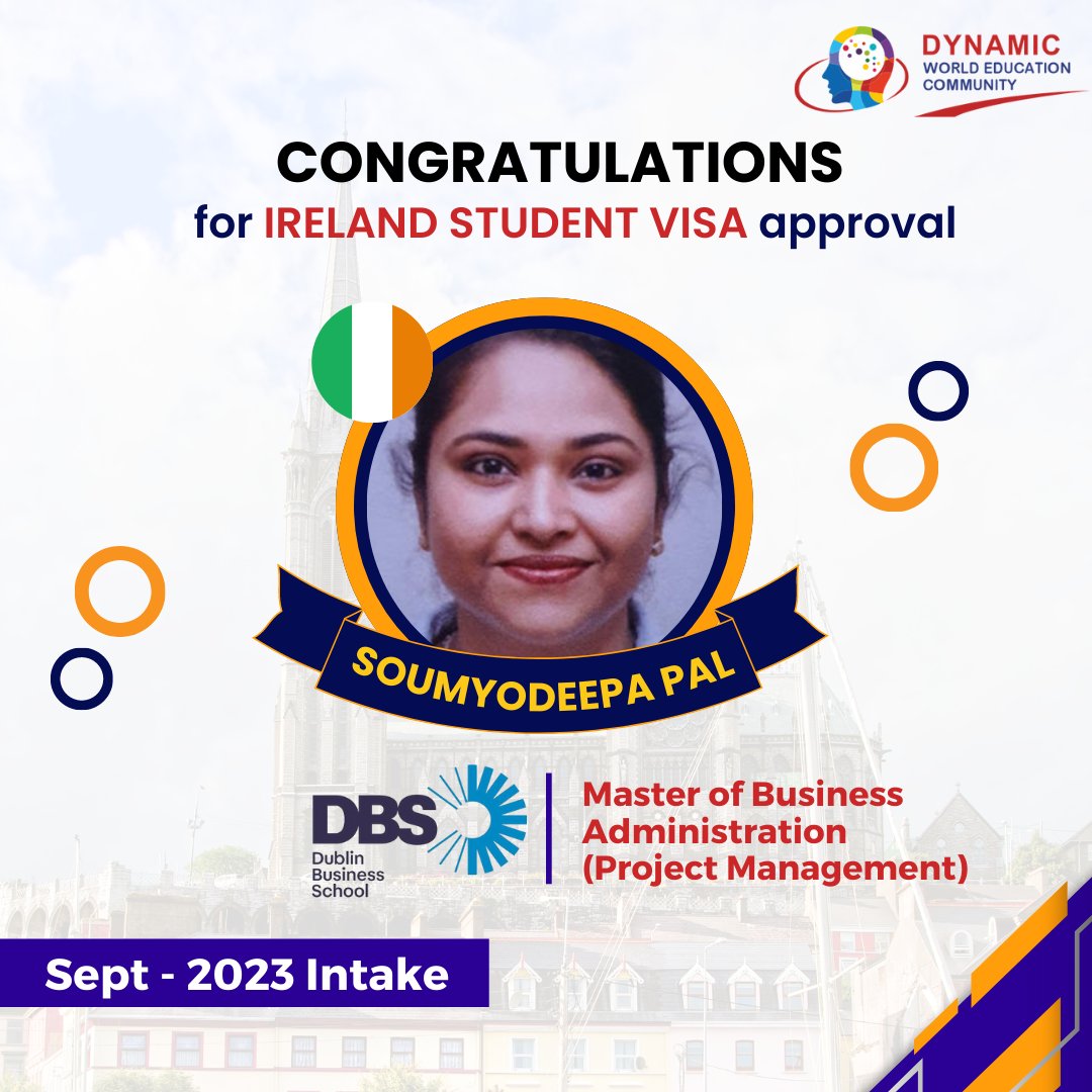 DynamicWEC's tweet photo. Congratulations to our student, Ms. Soumyodeepa Pal, for an Ireland Student Visa approval! 🇮🇪
🏫University: Dublin Business School
🎓Course:  Master of Business Administration (Project Management)
🗓Intake:  September 2023
DM to book a FREE counselling session with our expert https://t.co/FEbgF6fP7q
