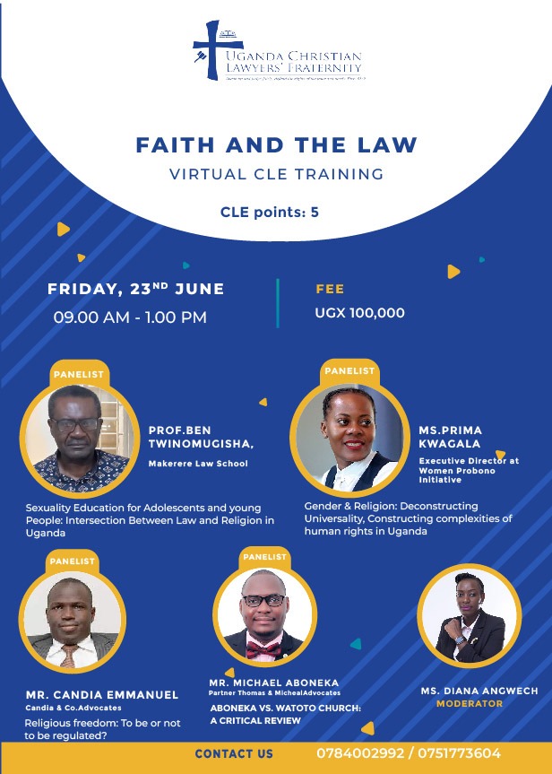 Today our ED @PrimahKwagala will be a panelist on faith and the law virtual CLE training.

She will be sharing insights on Gender and Religion: Deconstructing Universality, constructing complexities of human rights. 

Register in advance for this webinar:
zoom.us/webinar/regist…