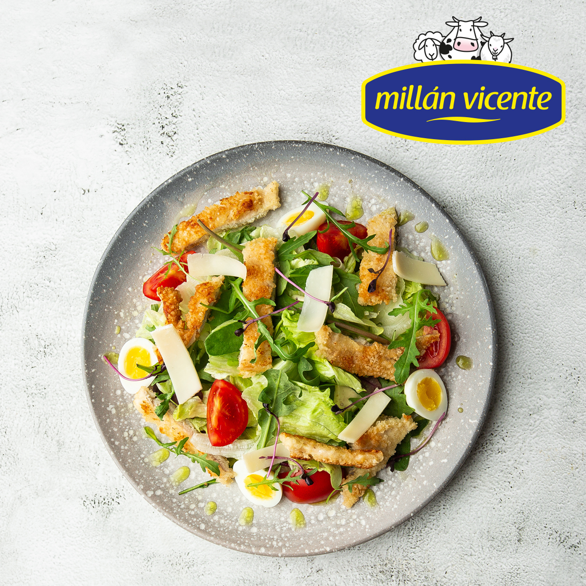 No nos podéis negar que el queso y la ensalada son un matrimonio muy bien avenido 🥗🧀.

Te proponemos esta ensalada con pollo crujiente, huevo duro, tomatitos cherry y virutas de nuestra variedad de queso Emmental Millán Vicente.