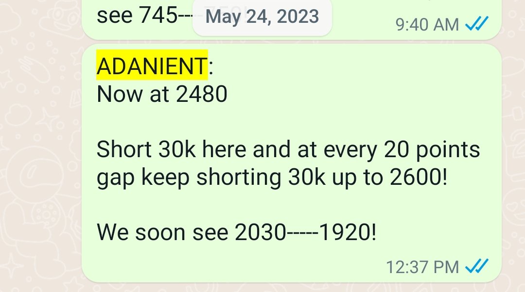 #ADANIENT 
Most manipulative stock! 

All rallies are fake. No strength.

Shorted in tons at peak, now below 2200.