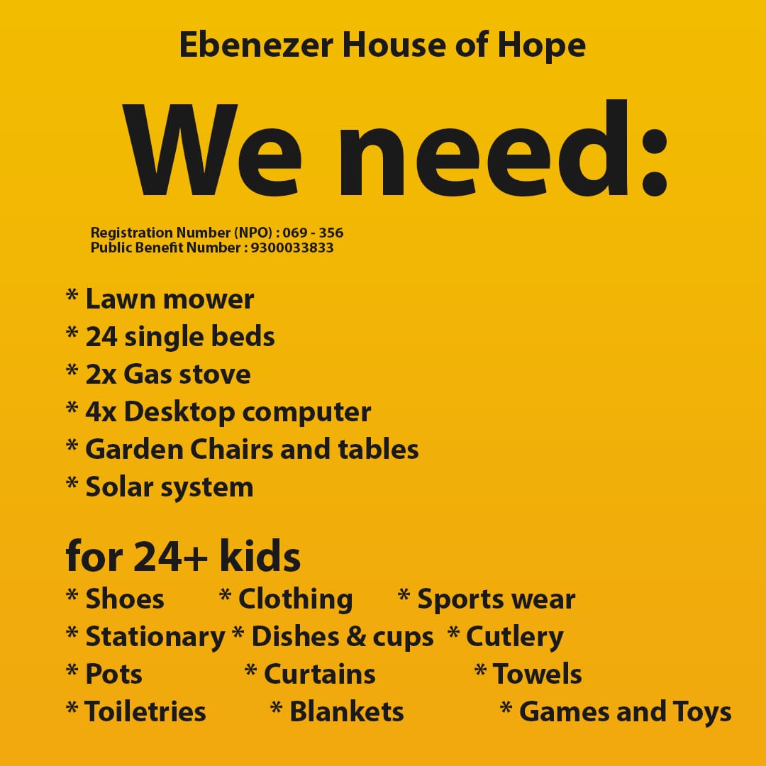 Miss_Rile's tweet photo. @FNBSA Kindly support Ebenezer House of Hope orphanage in Hammanskraal-
Registration number (NPO):069-356
Orphanage Reg. Number:7/8/3/6/155/1
Public Benefit Number:9300033833
Income Tax Number:9066199192
Certificate of food acceptance:R2COA108-09/2020 https://t.co/ocMsLzxT02