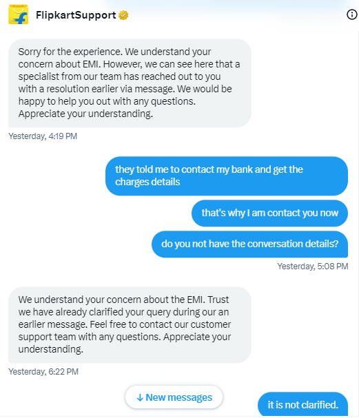 PChatrabhuji's tweet photo. @flipkartsupport @_kalyan_ @jeyanv @flipkart
I was told when I spoke with ruby last time that a compensation for pre closure of EMI can be provided since the merchant EMI was not cancelled from Flipkart. Why should I pay 3k+ Interest on EMI when I don't have the product. Can some human call me. https://t.co/qyew9TFcZV