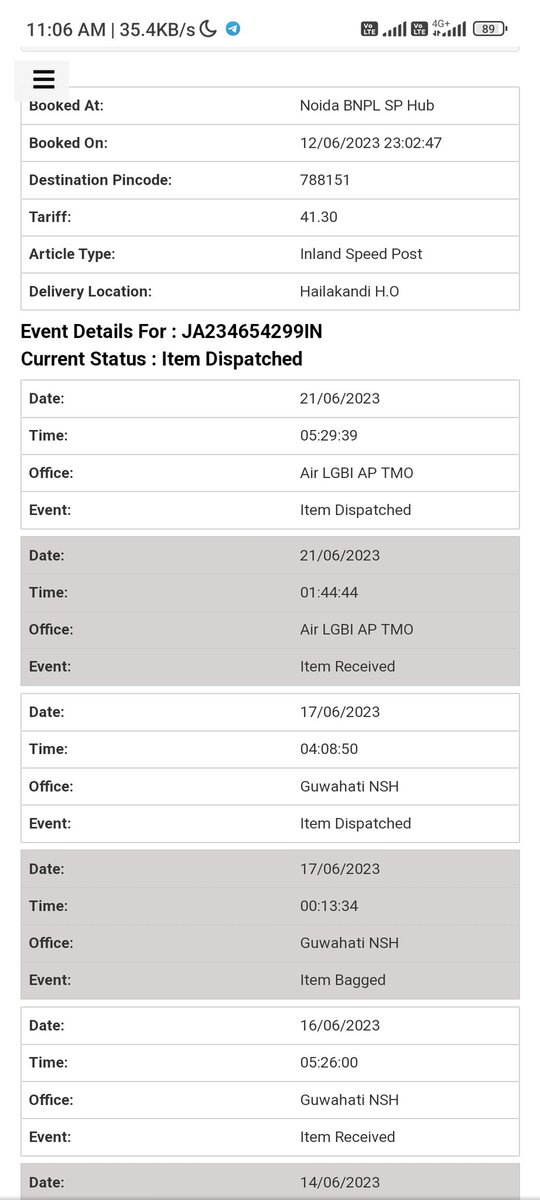 FILWS21's tweet photo. @IndiaPostOffice Again believed and lost my patience. You are proving day by day for our mistakes to choose your services. Will never repeat again to use Speed Post services. Don't know where LGBI AP TMO despatched, it's been 48 hrs till now no update. https://t.co/xlx9uS2dMc