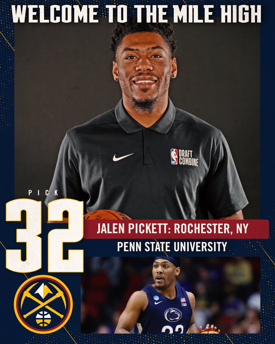 nuggets's tweet image. We’ve selected Jalen Pickett 32nd overall! Welcome to the Mile High 🏔

The trade is not yet final.

#NBADraft x #MileHighBasketball