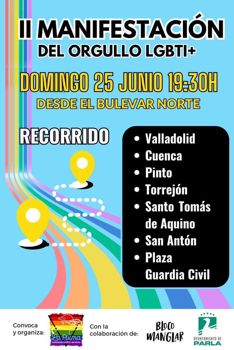 Podemos_Parla's tweet photo. #BuenosDias #FelizViernesATodos y Todas.

Recordad que hoy 23 de junio tenemos en
🌈#ParlaConOrgullo🏳️‍🌈
"Carrera de Tacones"

Y el próximo domingo 25, la 2ª manifestación del Orgullo LGTBI+🏳️‍🌈🏳️‍⚧️ que organiza y convoca @laplumaparla 

Aquí toda la info de recorridos y horarios👇 https://t.co/ymwceSehxI