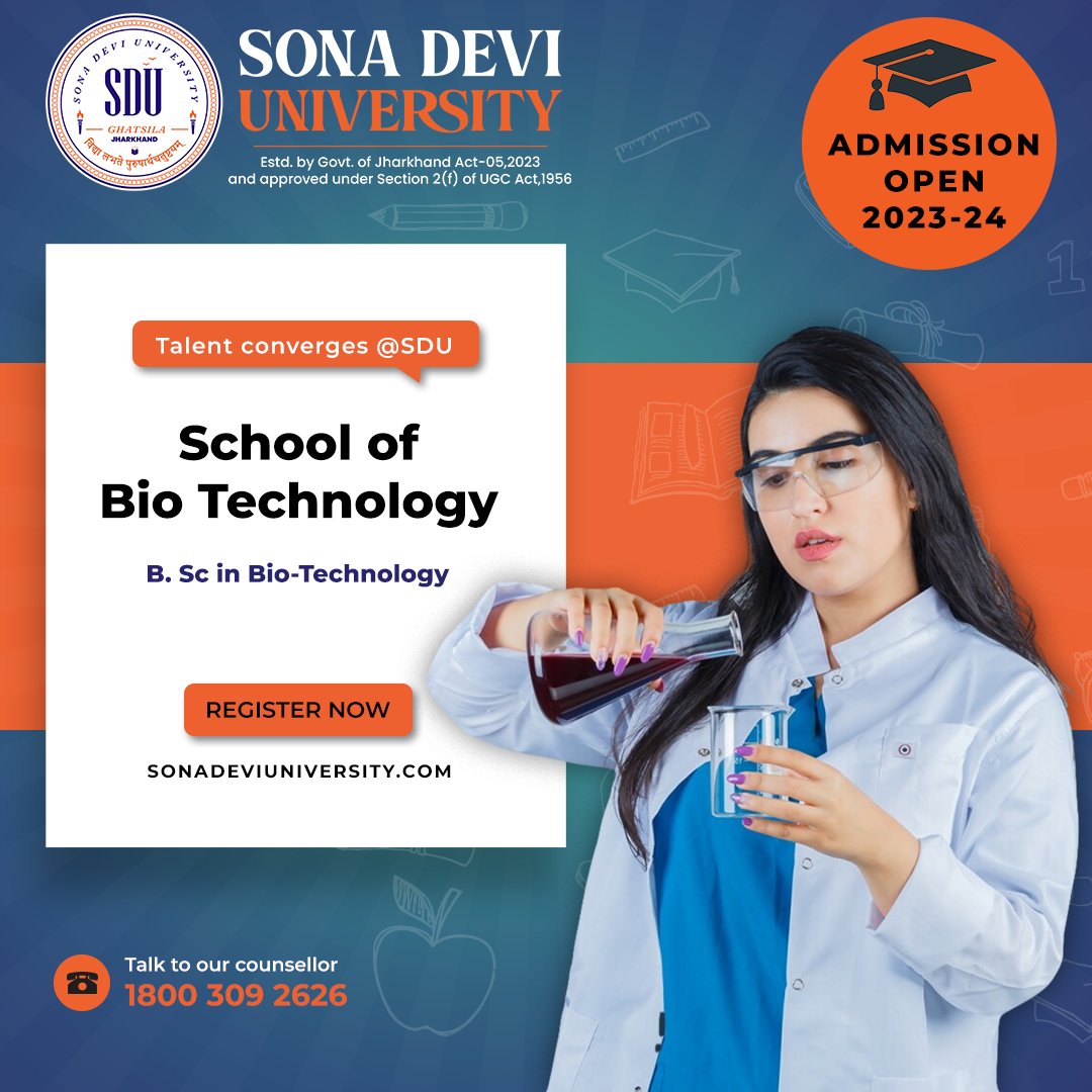 SDUGhatsila's tweet image. 📚🎓 Admissions are now open! Don&apos;t miss your chance to be a part of the exciting world of biotechnology. 
Register Now: sonadeviuniversity.com/school-of-bio-…
Talk to our counsellor: 1800 309 2626
#BioTechnology #ScienceProgram #AdmissionsOpen #ExploreTheUnknown #SonaDeviUniversity