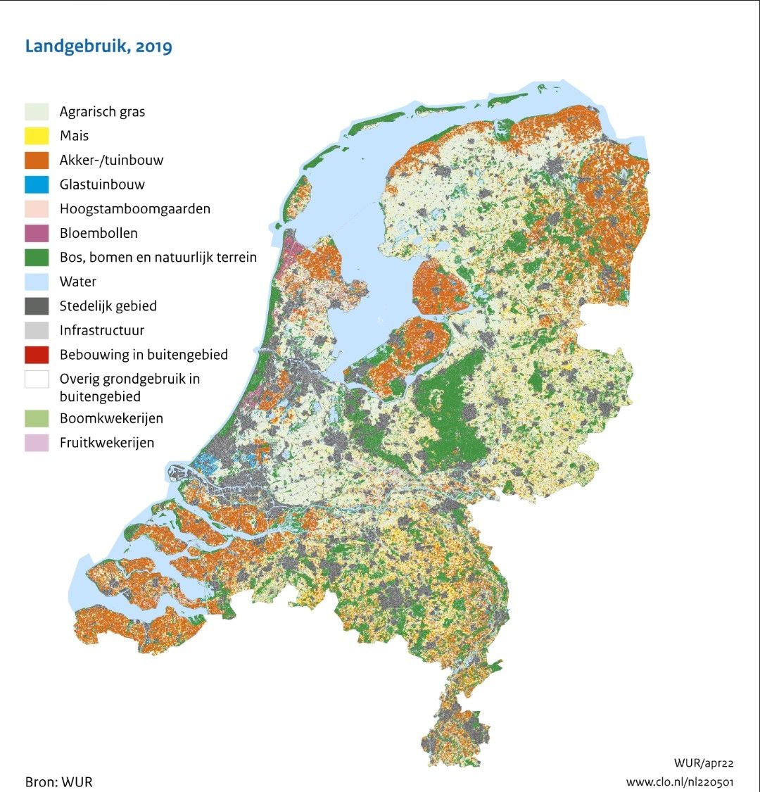 Prachtige kaart <a href="/Compendium_CLO/">Milieu Natuur Ruimte</a> over divers landgebruik in Nederland: Zonder binnen- en buitenwater is pakweg 66% agrarisch terrein, 15% bos en open natuurlijk terrein. En 11% is bebouwd, waarvan 7%-punt woonterrein (incl. primaire voorzieningen). lnkd.in/enRSWeHG