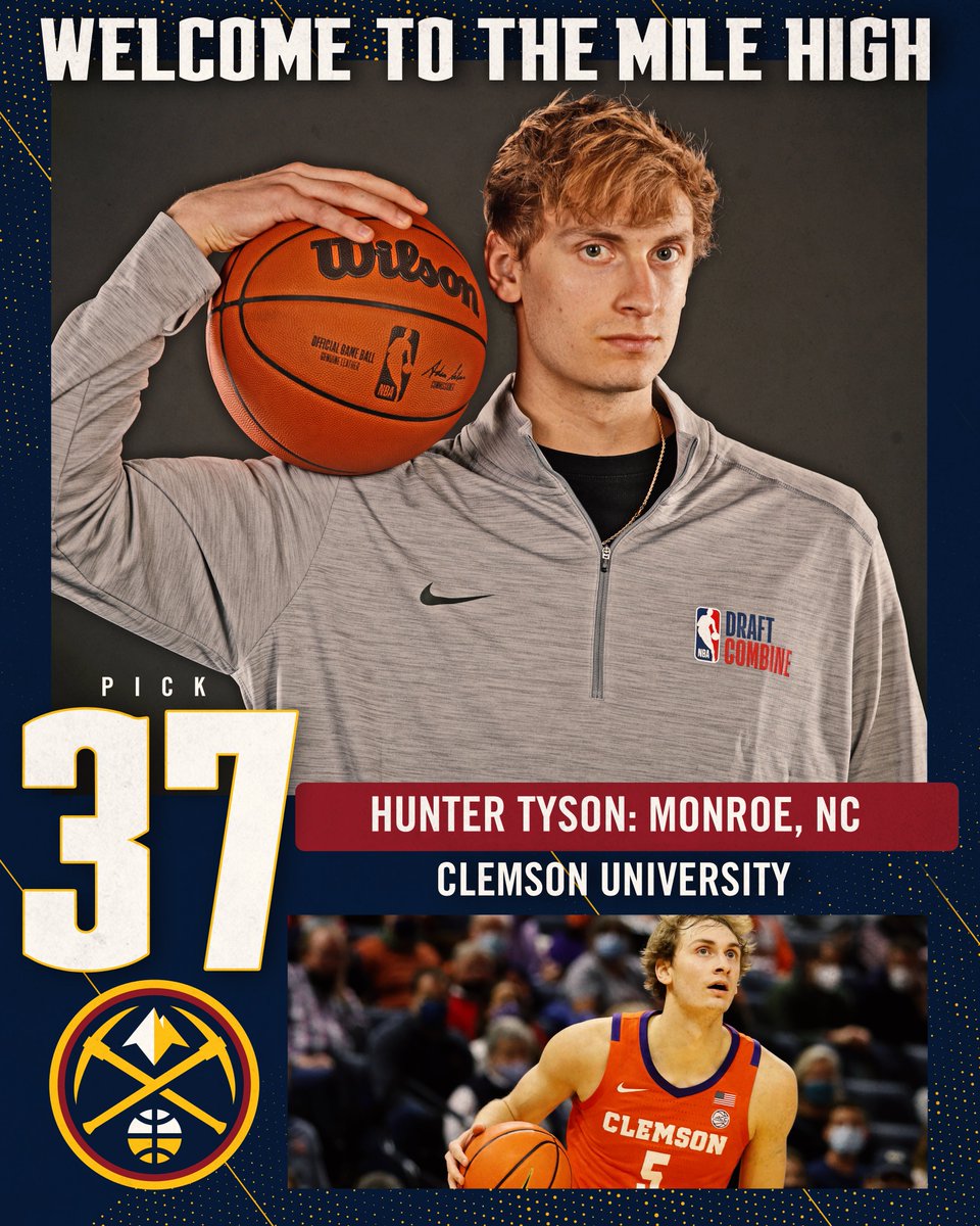 For our final pick of the 2023 NBA Draft, we’ve selected Hunter Tyson! Welcome to the Nuggets family 👏 The trade is not yet final. #NBADraft x #MileHighBasketball