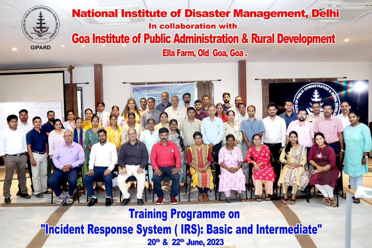 nidmmhaindia's tweet photo. 📢 Successful completion of 3-day Incident Response System training by @nidmmhaindia and Goa Institute of Public Administration and Rural Development.
📍 Held at GIPARD campus, Goa from 20-22 June 2023.
@rratnoo
#IRS #IncidentResponseSystem #NIDM #GIPARD #DisasterManagement https://t.co/4LwLdEjw8p
