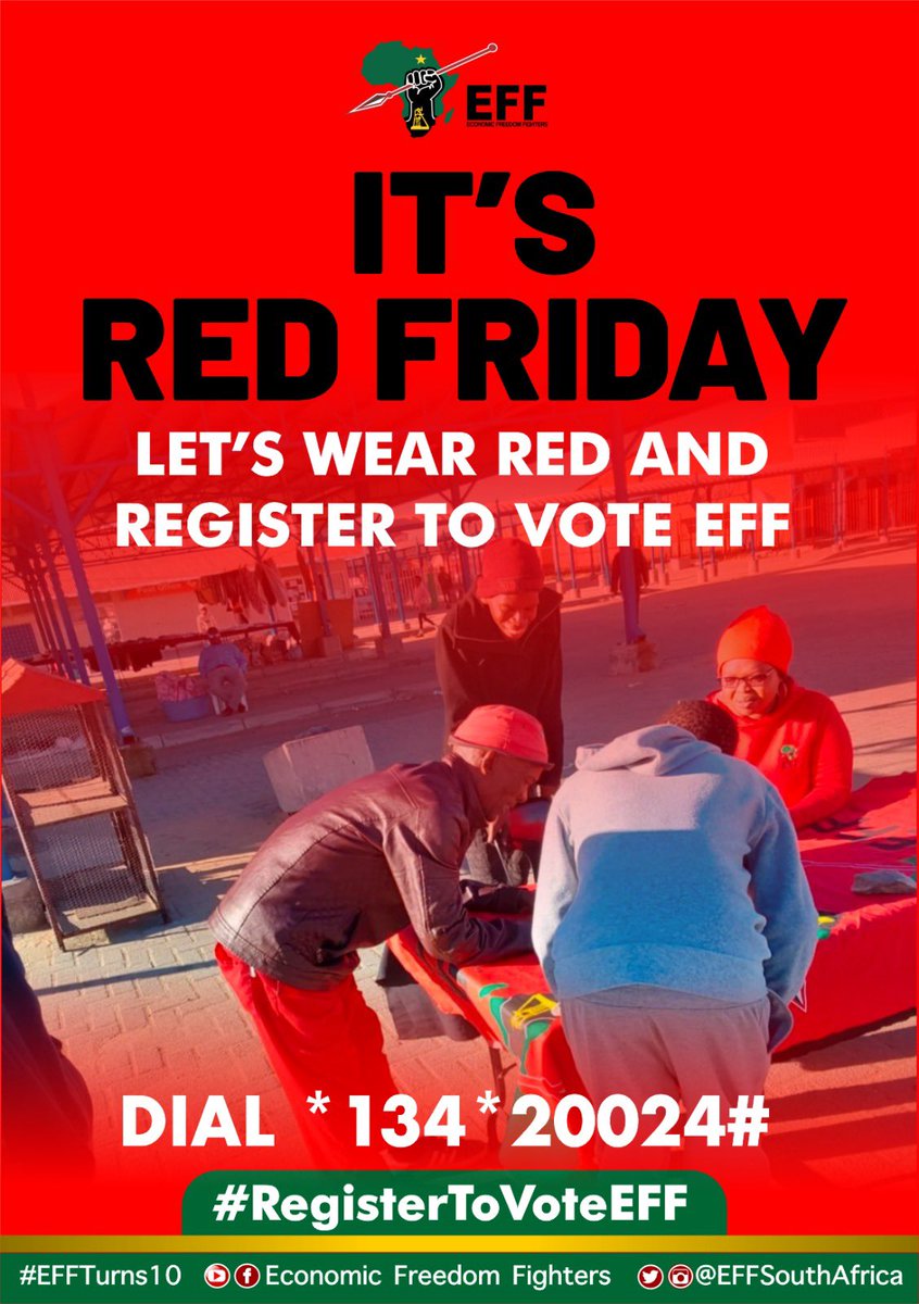 It’s #EFFRedFriday

Let’s wear red and recruit those who are eligible to vote to #RegisterToVoteEFF.

#2024IsOur1994