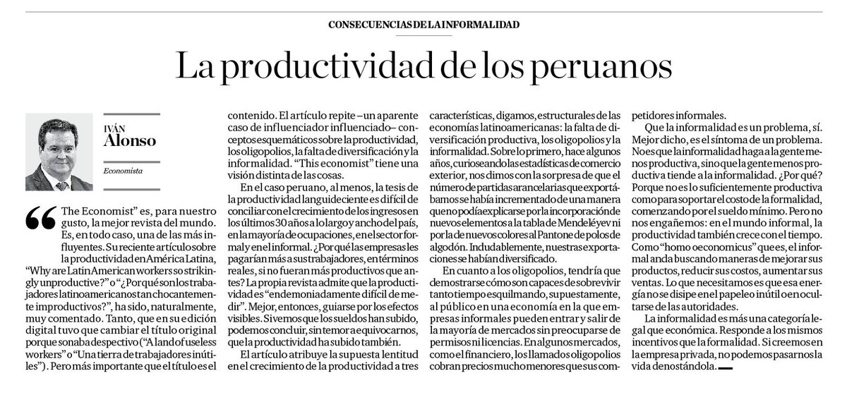 Si creemos en la empresa privada, no podemos pasarnos la vida denostando la informalidad. Mi artículo de hoy en El Comercio.
