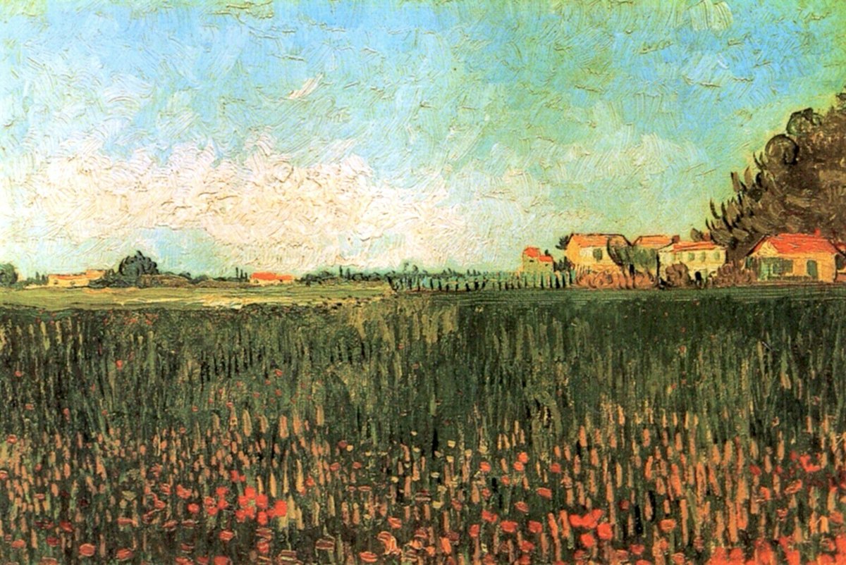 Farmhouses in a Wheat Field Near Arles, 1888 wikiart.org/en/vincent-van…