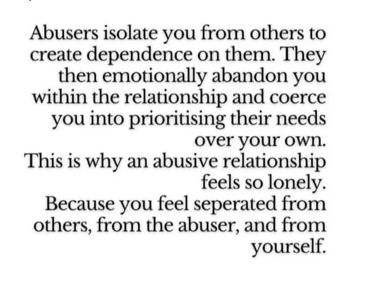 AmberRefuge's tweet image. Abusers isolate you from others to increase both their control over you &amp;amp; your dependence on them, while limiting your access to support networks. 

24/7 confidential Helpline 0818 42 42 44

#isolation #coercivecontrol #theabuserstoolkit #domesticabuse #datingabuse