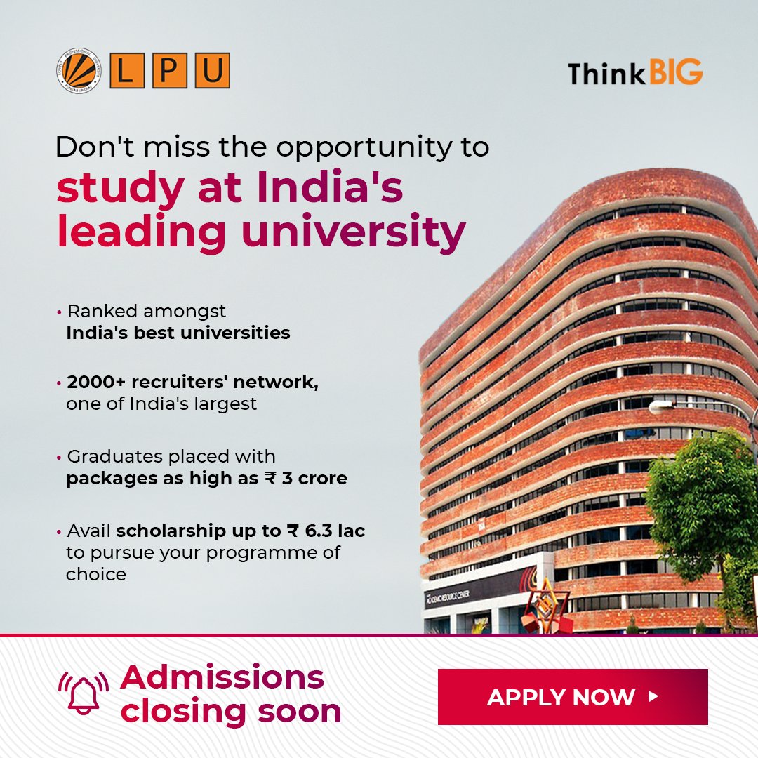 lpuuniversity's tweet photo. Don't miss the Golden Opportunity to study at India's leading University and join a community of brilliant young minds!
Get your chance to avail scholarship up to βΉ 6.3 Lac and pursue the programme of your choice. Apply Now at https://t.co/I5633Agw4o
#LPUForYou #WelcomeToLPU https://t.co/svseBWrBxT