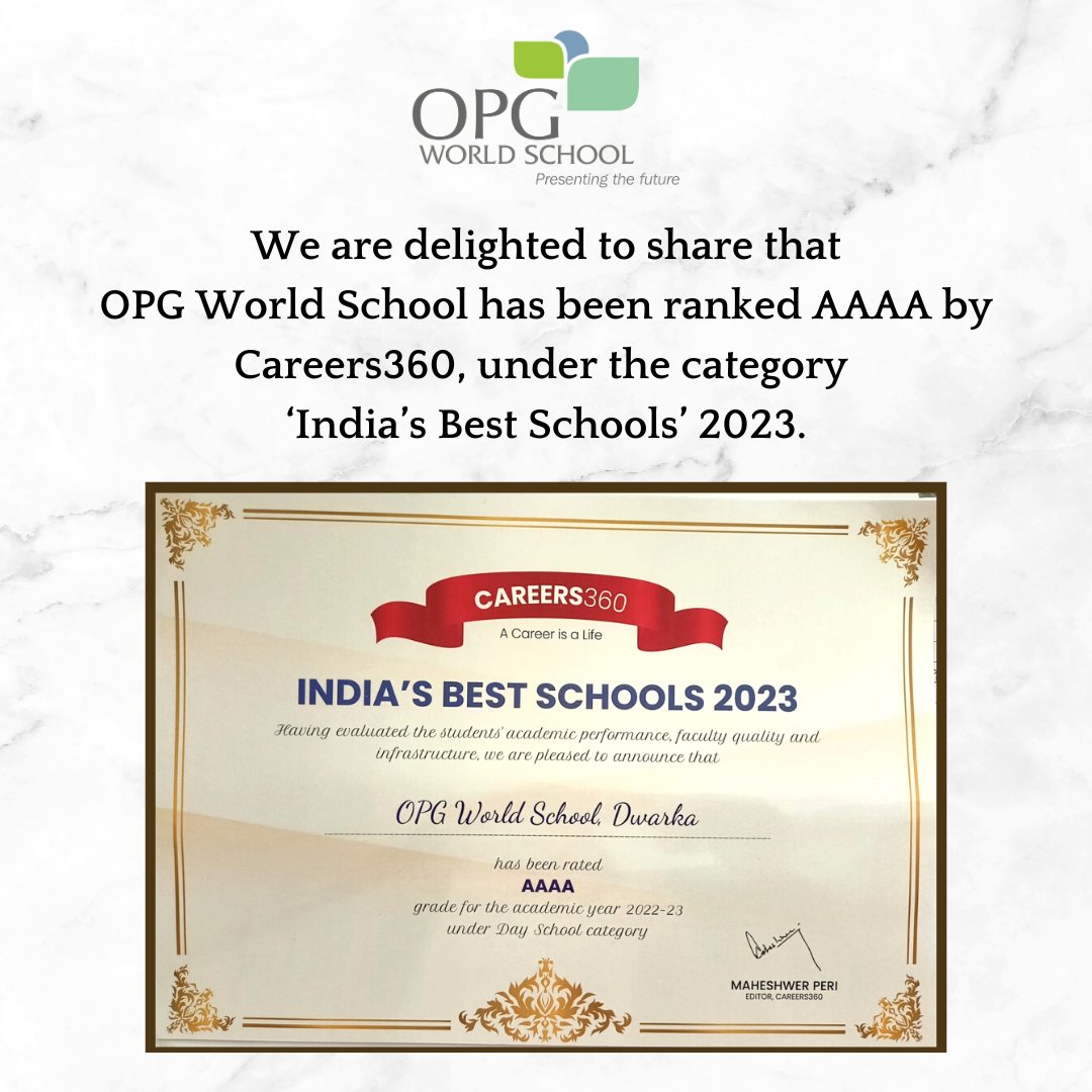 We are delighted to share that OPG World School has been ranked AAAA by Careers360, under the category
‘India’s Best Schools’ 2023.

#OPGWorldSchool #TopRankedSchool #BestSchoolInIndia #EducationExcellence #AcademicAchievement #QualityEducation #ProudMoment #SchoolRanking