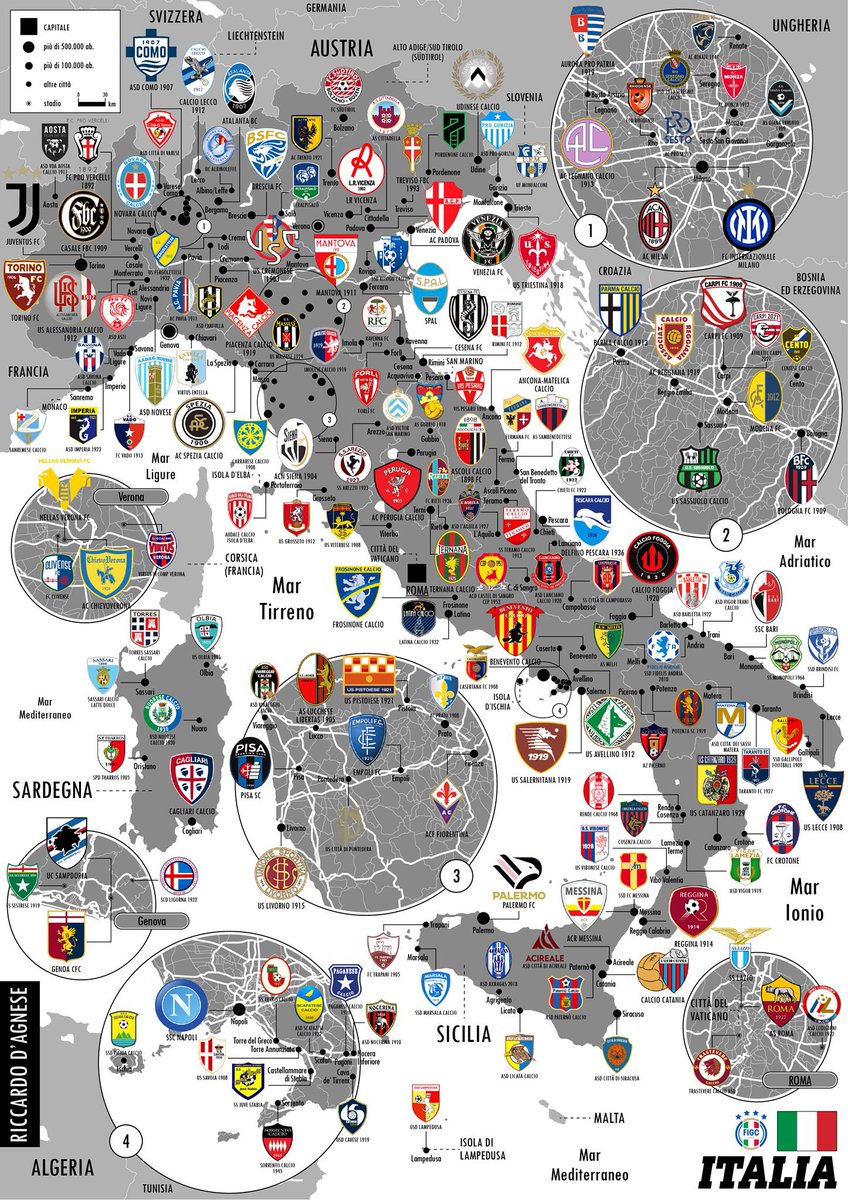 🇮🇹 Mapa geográfico del calcio hecho por <a href="/RiccardoDAgnese/">Riccardo D'Agnese</a>. 

Mapa con más de 150 equipos importantes de Italia, desde Aosta hasta Lampedusa.

ebay.it/itm/2845329131…