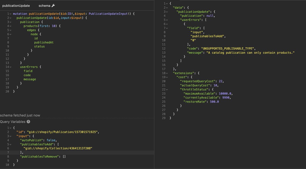 RobotHateMonkey's tweet photo. API bug or just a documentation issue  @Shopify? 
The documentation states you can add products and collections on publications associated to catalogs,
but the Graph response states a catalog can have only products.  
https://t.co/H7U8OOG0R4 https://t.co/Z5dSroQvP6
