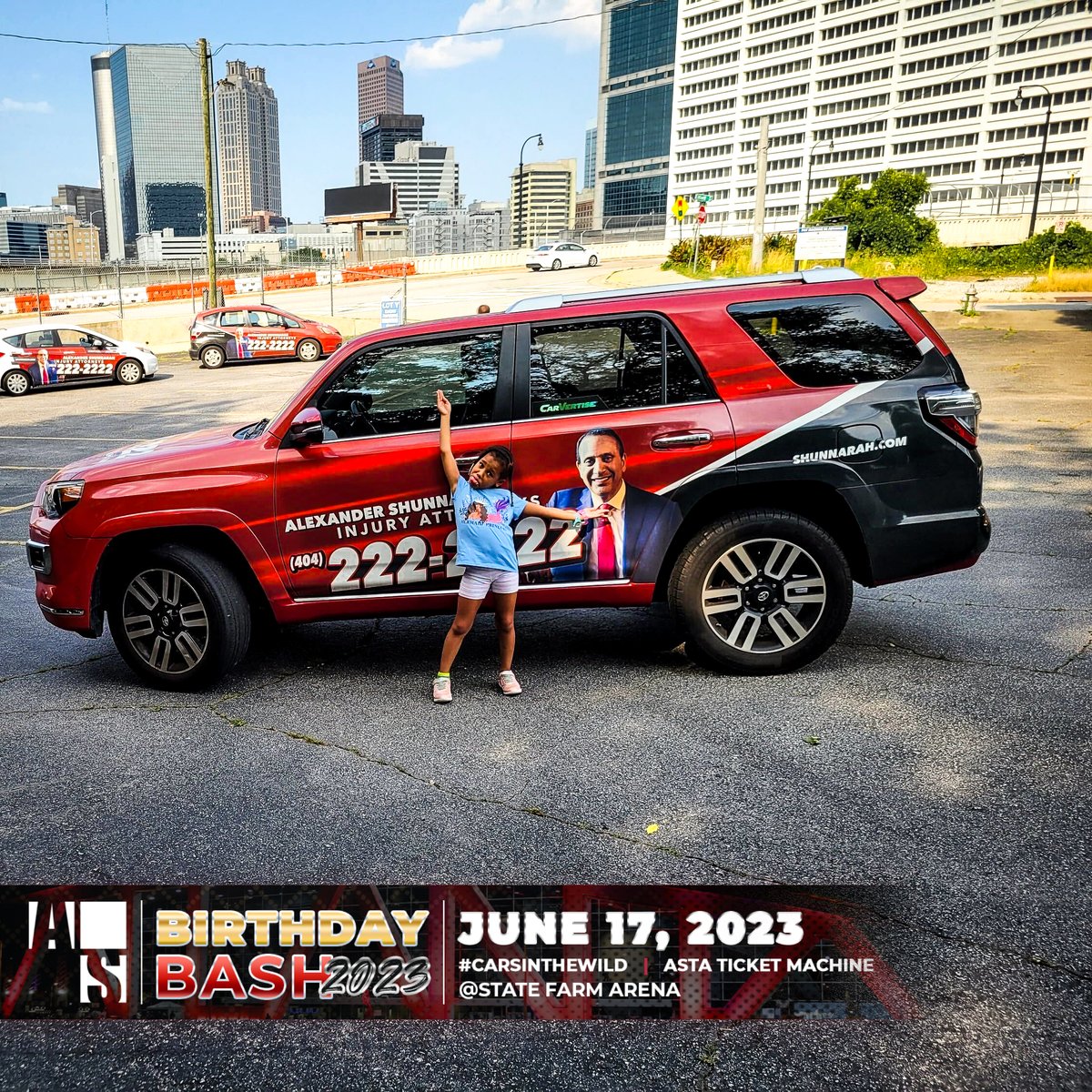 CallMeAtlanta's tweet photo. Our #CarsInTheWild showed up at @StateFarmArena  for the Birthday Bash 🔥

Follow us &amp; Stay tuned for upcoming events, Giveaways &amp; more!

And if you need me,

📣 Call Me, Atlanta! 📣
☎️ 404-222-2222
🌐 https://t.co/Q5Cvjmr7Yb

⚖ Alexander Shunnarah Trial Attorneys
📍 Atlanta GA https://t.co/1Vvjc1DnXB