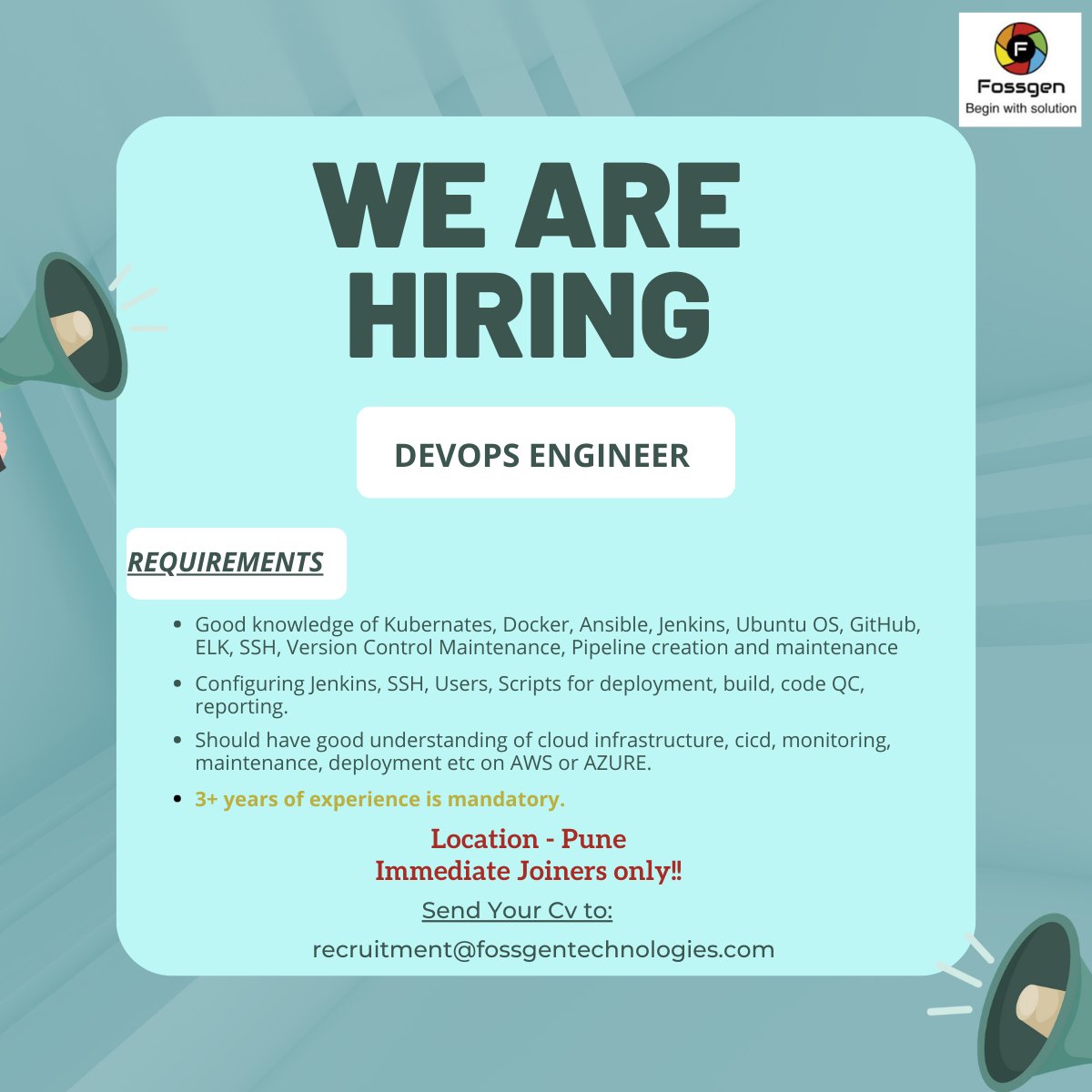 Urgently Looking for DevOps Engineer.
Experience: 3to 5 yrs
Location: Pune
Immediate Joiner required
Interested can mail their resume to recruitment@fossgentechnologies.com
#experience #engineer #devops #immediatejoiner #pune #resume #recruitment