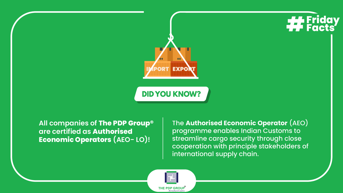 ThePDPGroup's tweet photo. It's time for some PDP #FridayFacts! We are proud to share that all our companies are certified as 'Authorised Economic Operators' by Indian Customs!
#lifeatPDP #PDPian #AEO #logisticsindia #indiancustoms @FinMinIndia @cbic_india @kolkata_customs @SMPort_Kolkata https://t.co/h7XU7Kxc3c