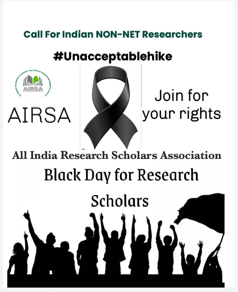 #Blackdayforresearchscholars
#Unacceptablehike
#Hikefellowship60
📢Unacceptable 19.4% hike in Indian research scholar fellowships. We demand a 60% fellowship hike! 
@AIRSA
@IndiaDST
@DrJitendraSingh 
@AjaySoodIISc