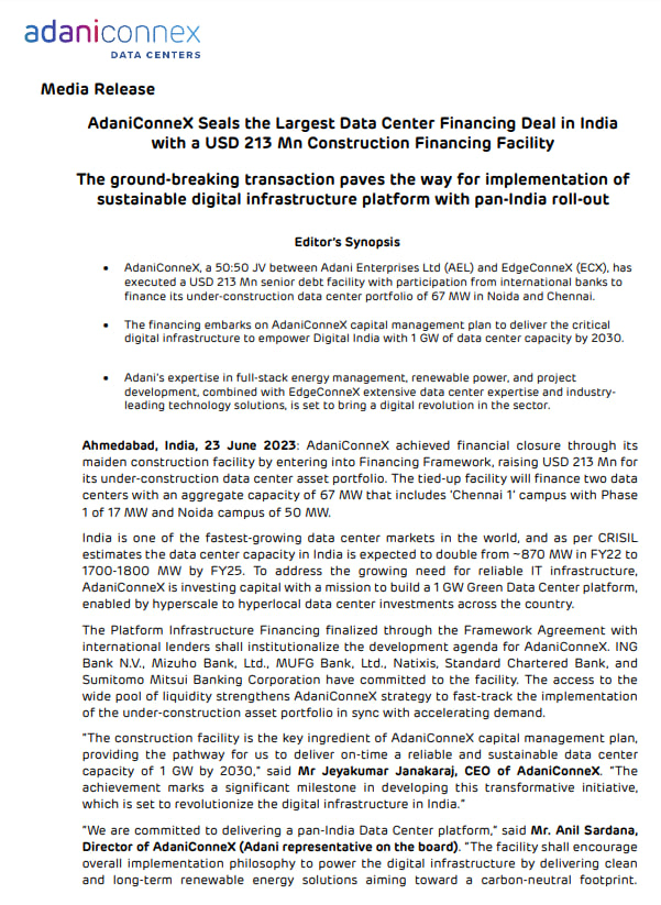 MarketVedantA's tweet image. #AdaniConneX Seals the Largest #Data_Center Financing #Deal in #India with a USD 213 Mn Construction #Financing Facility