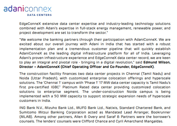 MarketVedantA's tweet image. #AdaniConneX Seals the Largest #Data_Center Financing #Deal in #India with a USD 213 Mn Construction #Financing Facility