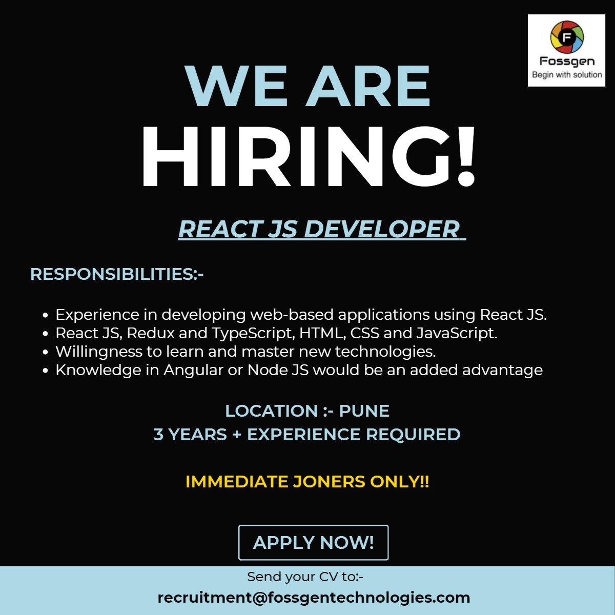 Urgently Looking for ReactJs Developer.
Experience: 3to 5 yrs
Location: Pune
Immediate Joiner required
Interested can mail their resume to recruitment@fossgentechnologies.com
#experience #engineer #devops #immediatejoiner #pune #resume #recruitment