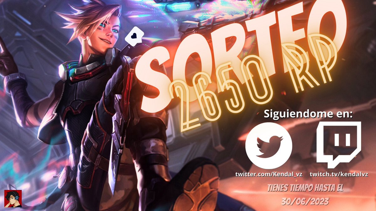 ✨¿Te quieres ganar 2650 de RP? ✨
📷Para participar en el sorteo, deberas de hacer lo siguiente:  
-Seguirme en Twitch twitch.tv/kendalvz 
-Seguirme en Twitter  
-Etiquetar a dos amigos 📷
-Darle RT a este Tweet